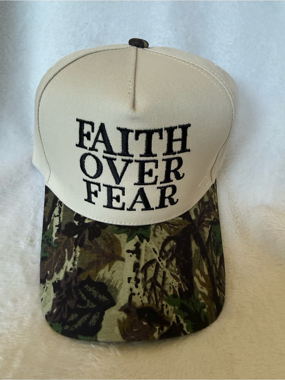 Faith Over Fear Embroidered Trucker Hat - Beige & Camo